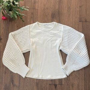 Zara Cream Ribbed Top with Oversized Knit Sleeves